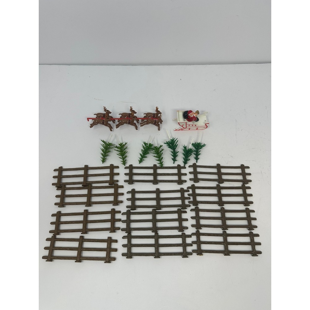 Vintage Plastic Christmas Santa Sleigh Reindeer Trees and Fence Village Set 25pc